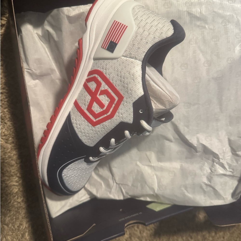 Patriotic Athletic Sneakers with Red and Blue Accents